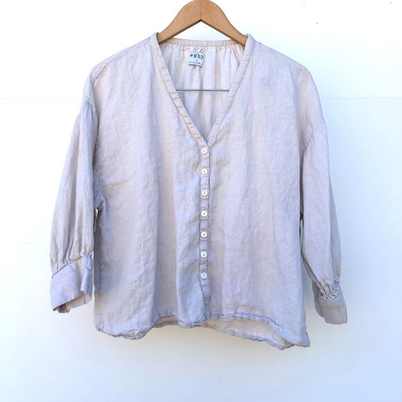 Esby Lauren Prairie Top Linen Sky Grey Gray Button Front Small USA Blouse - Picture 2 of 6